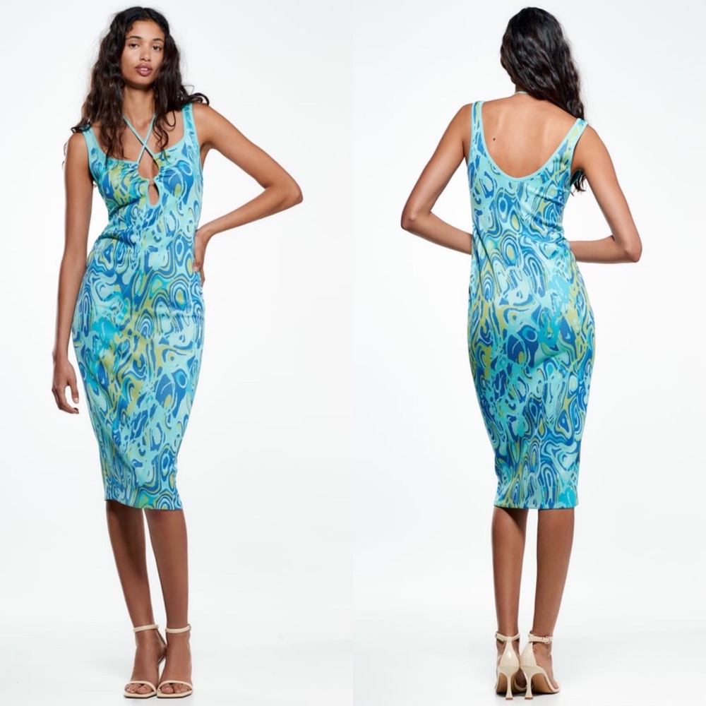 Zara CUT OUT JACQUARD PRINT KNIT DRESS w/ Adjustable Tie Strap & Opening at Neck